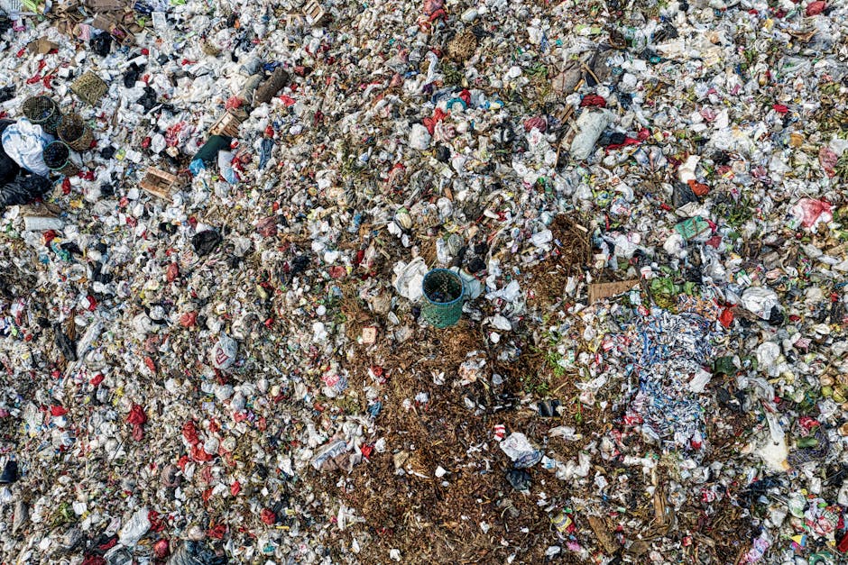 An extensive view of a large pile of mixed household and commercial waste covering an outdoor area, with various types of rubbish including plastic bottles, aluminum cans, paper, cardboard, plastic bags, and organic material scattered across the ground. The waste appears to be untreated and randomly accumulated, with some items partially buried or overlapping others. In the center of the image, there is a small plastic bucket among the debris, partially filled with dark material, possibly soil or organic waste. Surrounding the pile, there are no visible structures or vehicles, indicating an unmanaged waste site or an area prepared for rubbish collection. The lighting is natural, with diffused daylight illuminating the scene, highlighting the varied textures and colors of the waste—primarily whites, reds, greens, and browns—creating a chaotic and unorganized appearance typical of waste accumulated for disposal. This scene reflects the importance of proper rubbish handling and the role of private waste disposal services like Waste Disposal Highbury in managing large quantities of refuse outside conventional council collection methods.
